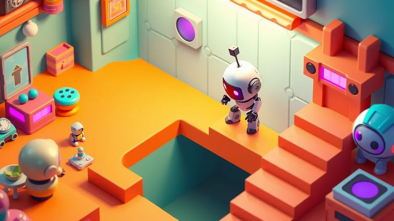A robot climbing a staircase with a giant missing step in the middle, carefully looking at the gap