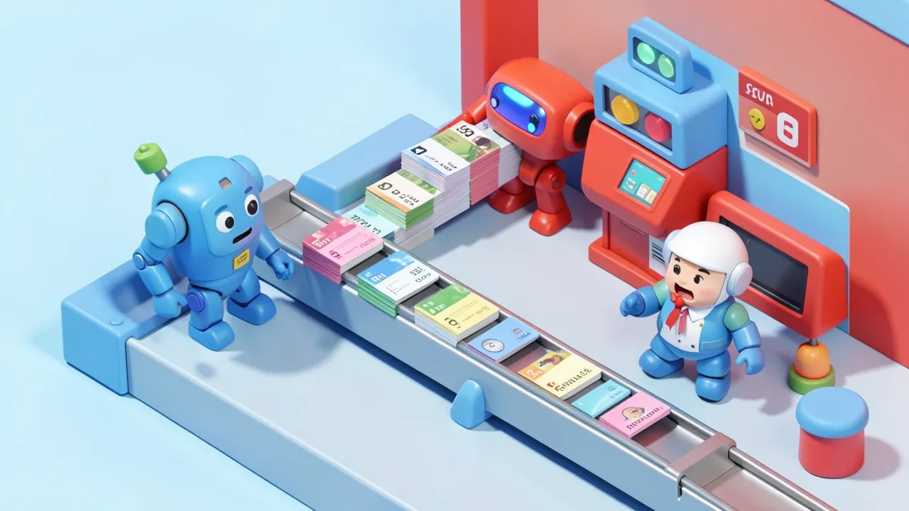 Isometric 3d diorama of a conveyor belt carrying several miniature support tickets into a huge queue, an overwhelmed agent at the end of the belt, petrol blue and red palette