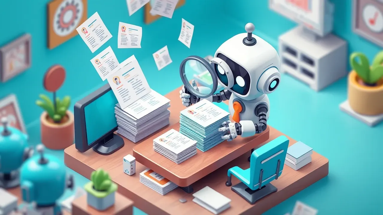Isometric diorama of a recruiter robot reading a stack of floating resumes with a friendly magnifying glass, sorting two labeled piles, blue and turquoise palette