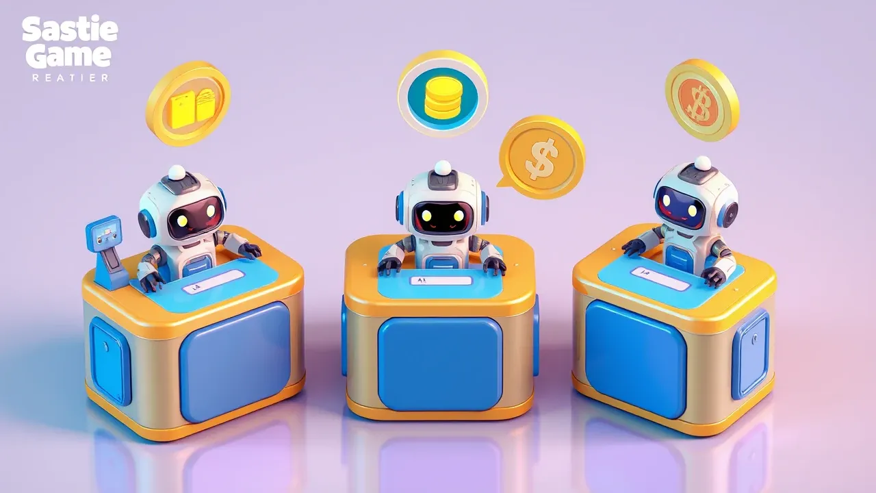 Isometric diorama of three pricing counters side by side, each with a clerk robot and a different symbol: a chair, a token, and a coin