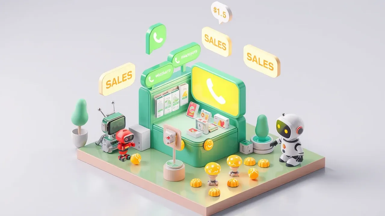 Isometric 3d mobile game art, a WhatsApp sales counter with message bubbles arriving nonstop, some turning into glowing sales and others cooling off and dropping to the floor, a robot trying to catch them all, whatsapp-green and amber palette with energy