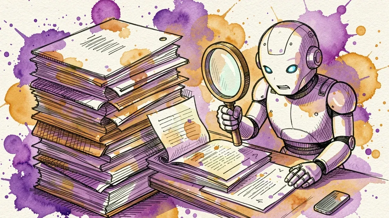A messy stack of folders and papers turning into an organized digital archive, a robot with a magnifying glass carefully examining a document, ink and watercolor sketch, violet and amber tones
