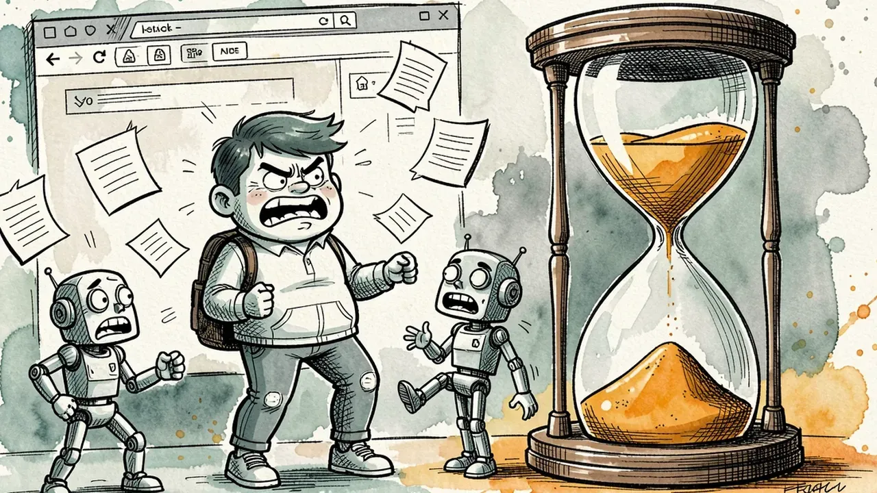 Frustrated customer surrounded by open forms and browser tabs, next to an hourglass draining sand, watercolor illustration