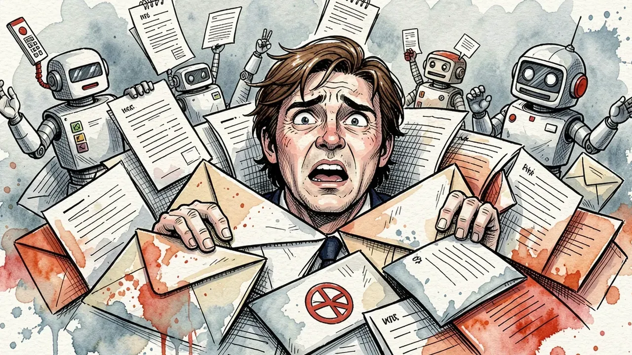 Office worker buried up to the shoulders in a pile of paper invoices and email envelopes, overwhelmed expression, watercolor illustration
