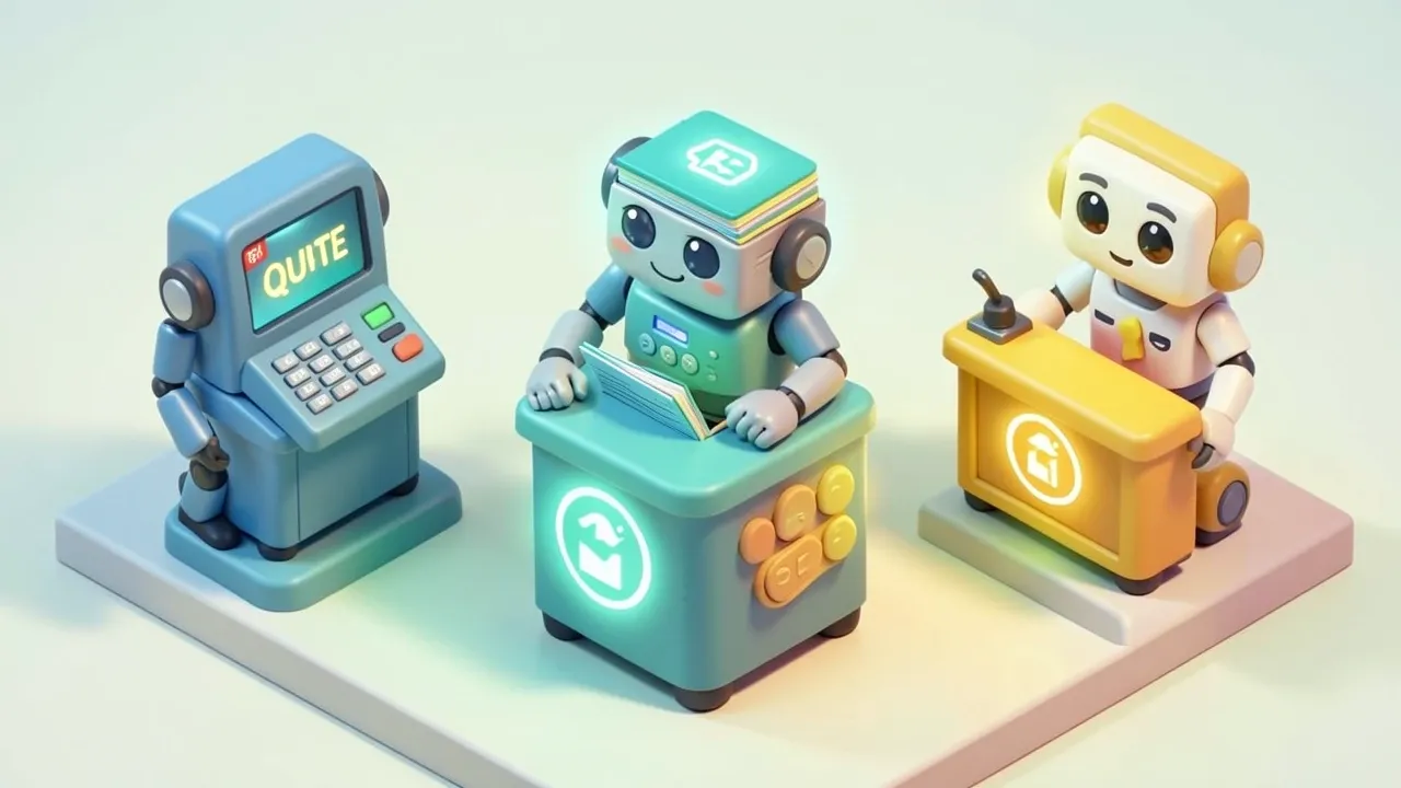 Isometric diorama of a broker robot organizing three work stations, quoting, policies, and claims, each with a different insurance icon, teal and amber palette