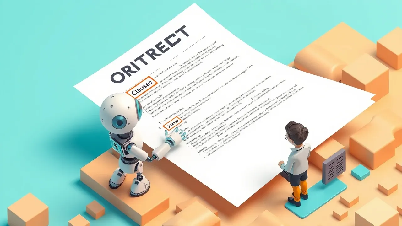 Isometric 3d render of a robot highlighting clauses in a giant floating contract, colored markers tagging risky and standard sections, a lawyer watching beside it, teal and amber palette