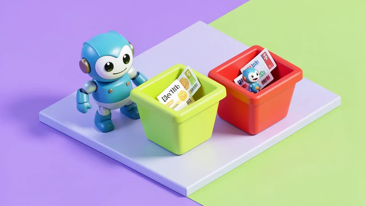 Isometric 3d gentle robot sorting support tickets into two colored bins, one green labeled auto-resolved and one red labeled escalate, violet and lime green palette