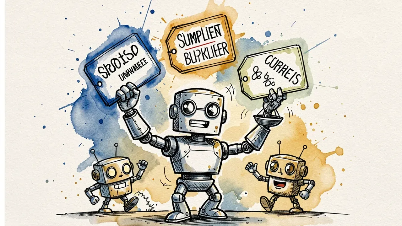 Robot agent juggling three floating price tags with different supplier names, comparing them on a small scale, watercolor illustration