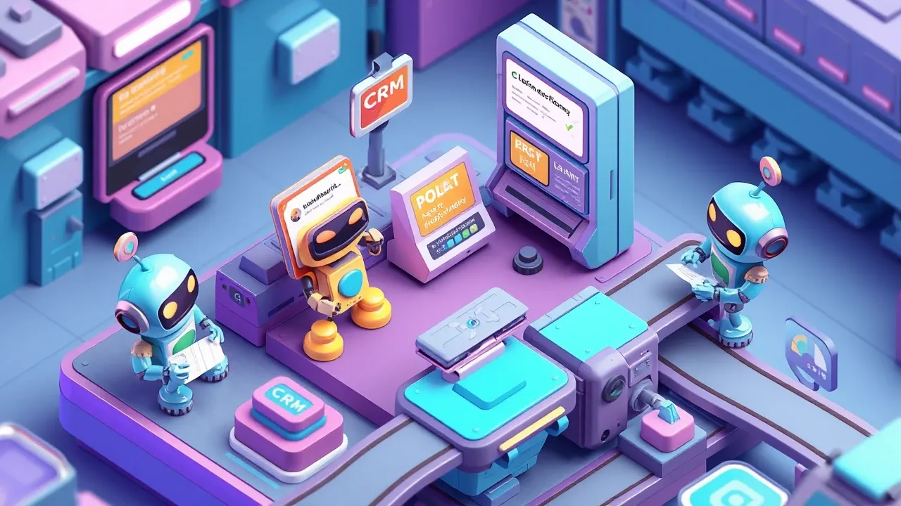 Isometric 3d miniature of several stations showing one robot qualifying leads, another writing a follow-up, and another updating a card, conveyor belts feeding a central CRM, teal and violet palette