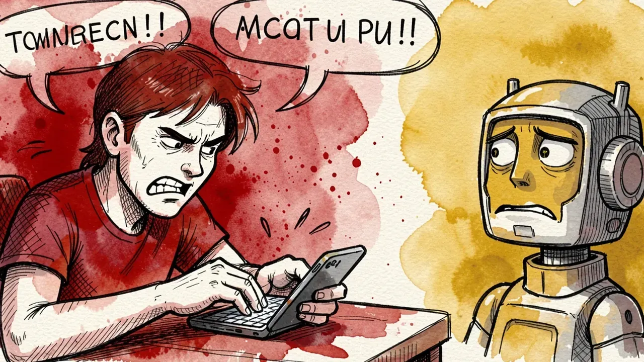 Frustrated person typing in all caps on a phone while a worried customer service robot watches, red and yellow watercolor