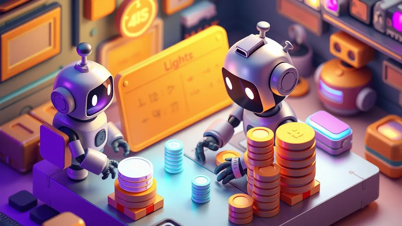 A robot doing math on a large board with stacks of tokens of different sizes representing light and heavy tasks