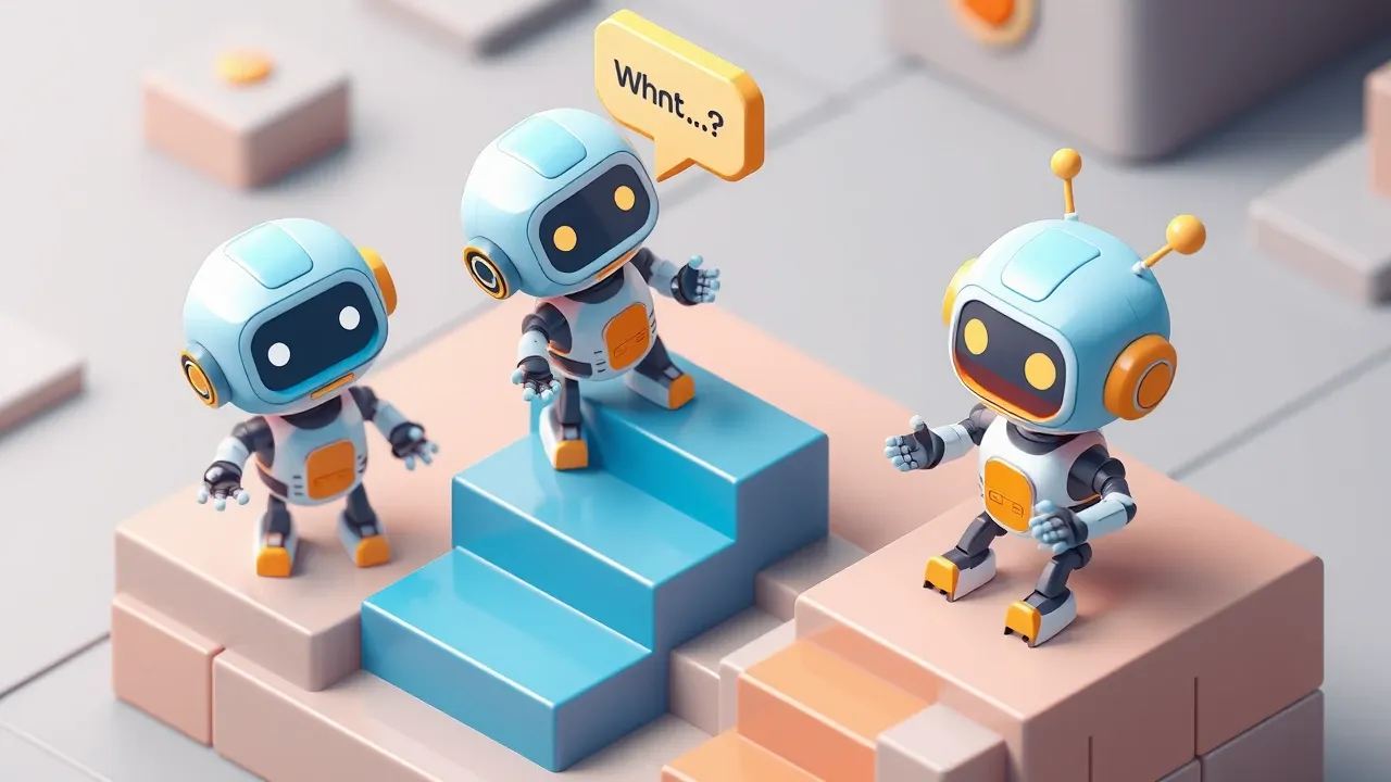 Three robots side by side on rising steps, the first with a simple speech bubble, the second answering questions, the third executing a chain of actions, blue and amber palette