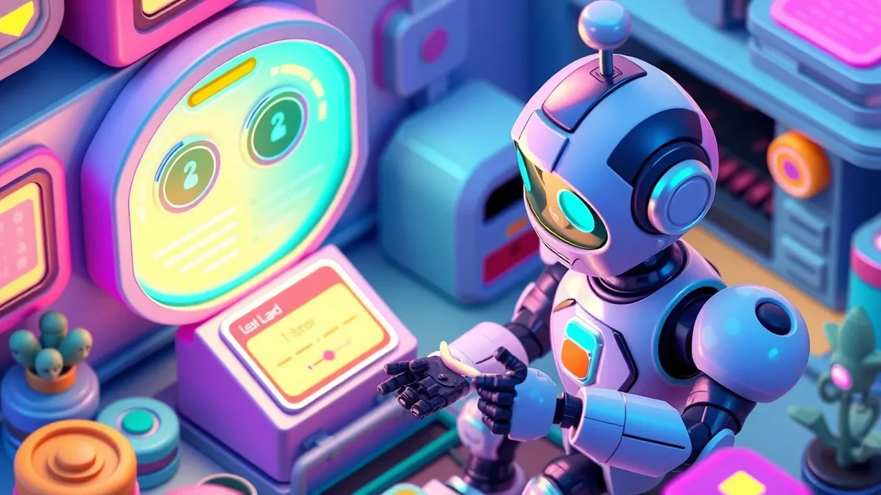 A robot reading a floating dashboard with gauges for need, timing, and fit, assigning a glowing score to a lead card, violet and cyan palette