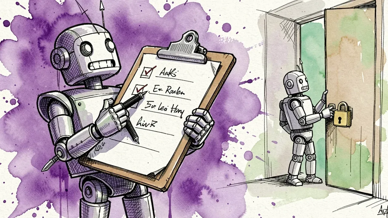 Robot holding a giant clipboard checking off a list, while another robot closes a door with a padlock, violet and green tones