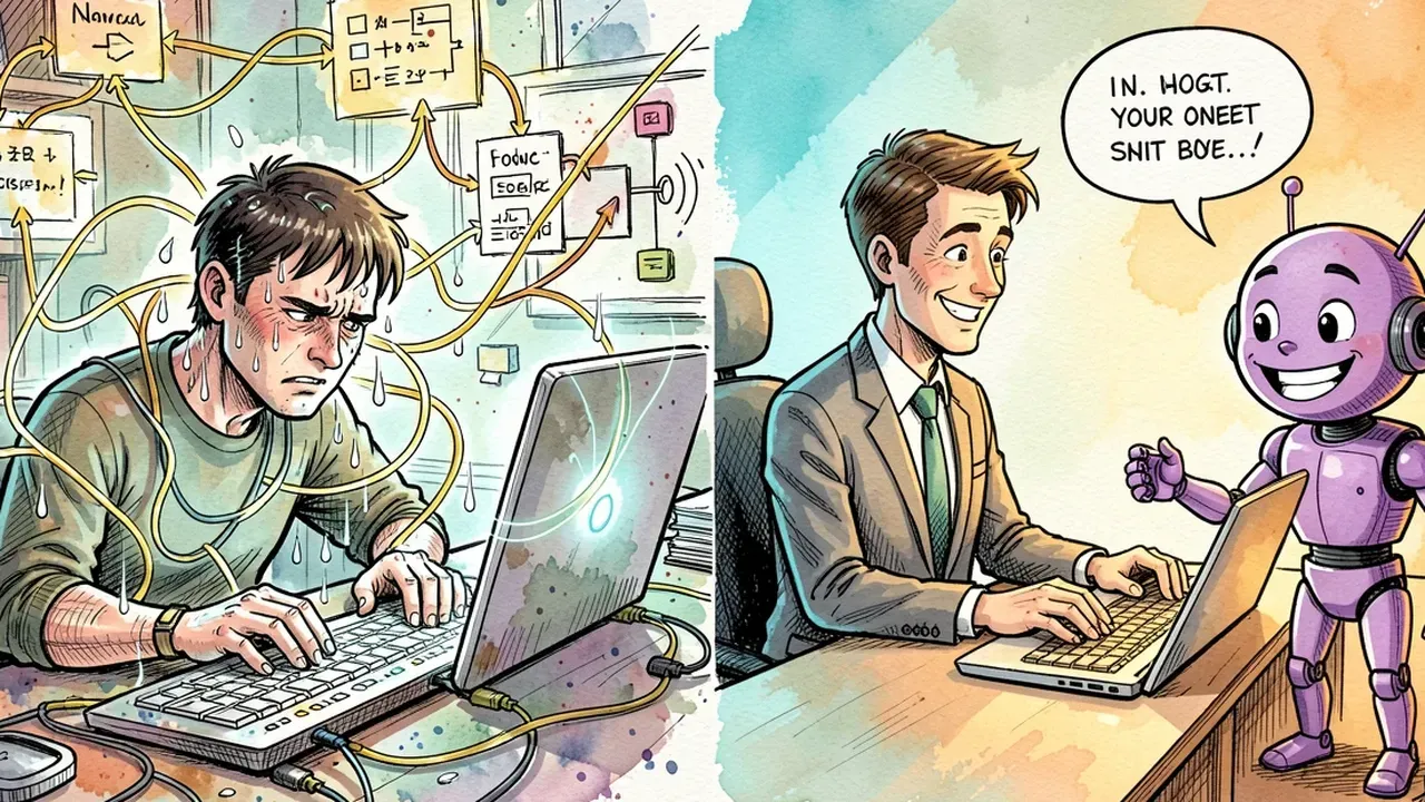 Isometric diorama of two side-by-side scenes, on the left a programmer surrounded by flowchart nodes and lines sweating in concentration, on the right a smiling business person typing a simple sentence to a violet robot, cool light against warm light