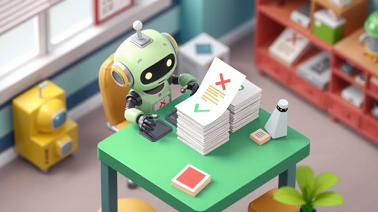 Friendly robot sorting documents into two stacks, an approved one with a green check and a rejected one with a red x, on a tidy desk, green and soft red palette