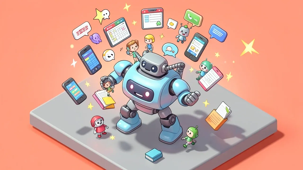 Isometric diorama of a single overloaded generalist robot juggling too many floating tasks at once, phone calls, spreadsheets, chat bubbles and folders spilling around it, looking dizzy with spinning stars, cluttered coral and grey palette with comic tension