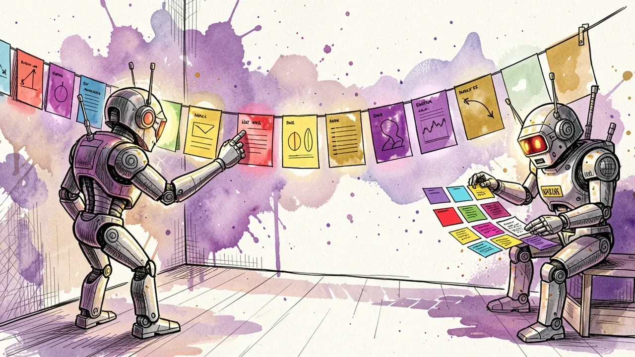 Two robots pinning colorful index cards and small charts along a timeline banner stretched across a room, each card glowing softly, one of them sorting cards by color