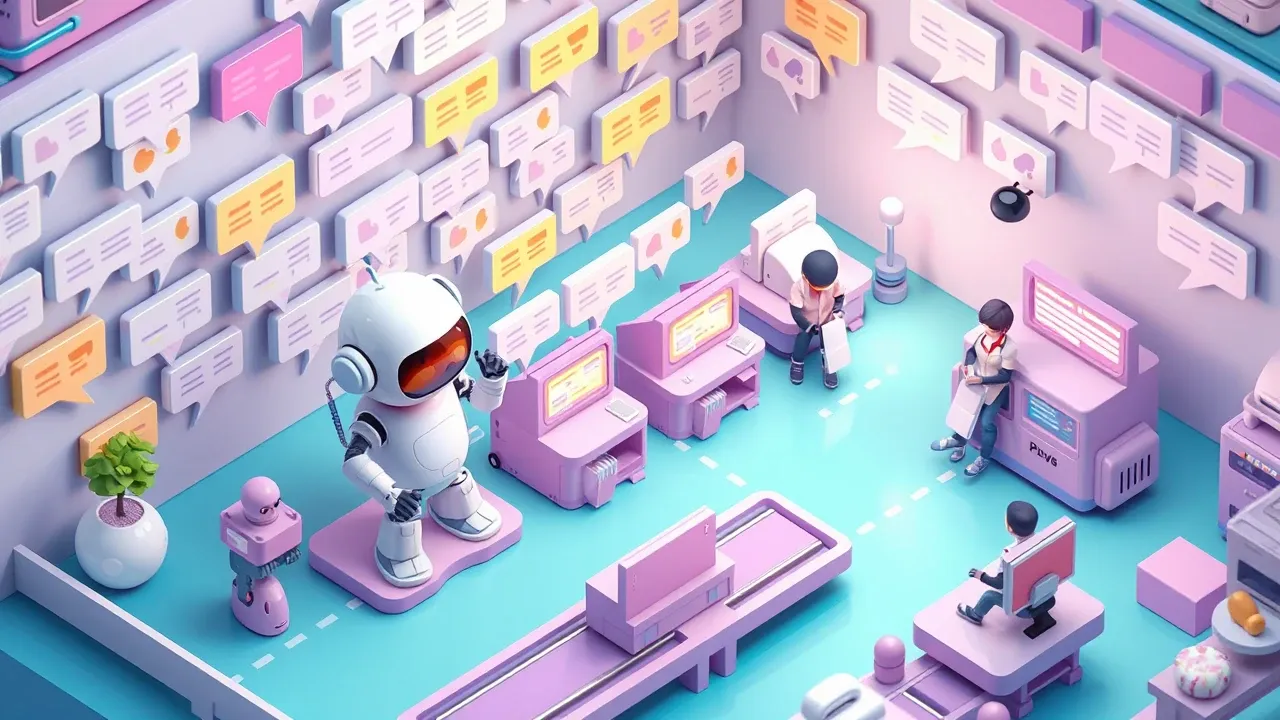Isometric 3d miniature of a single robot handling dozens of conversation bubbles at once while a small human team calmly handles a few complex cases, message conveyor belts flowing, teal and violet palette