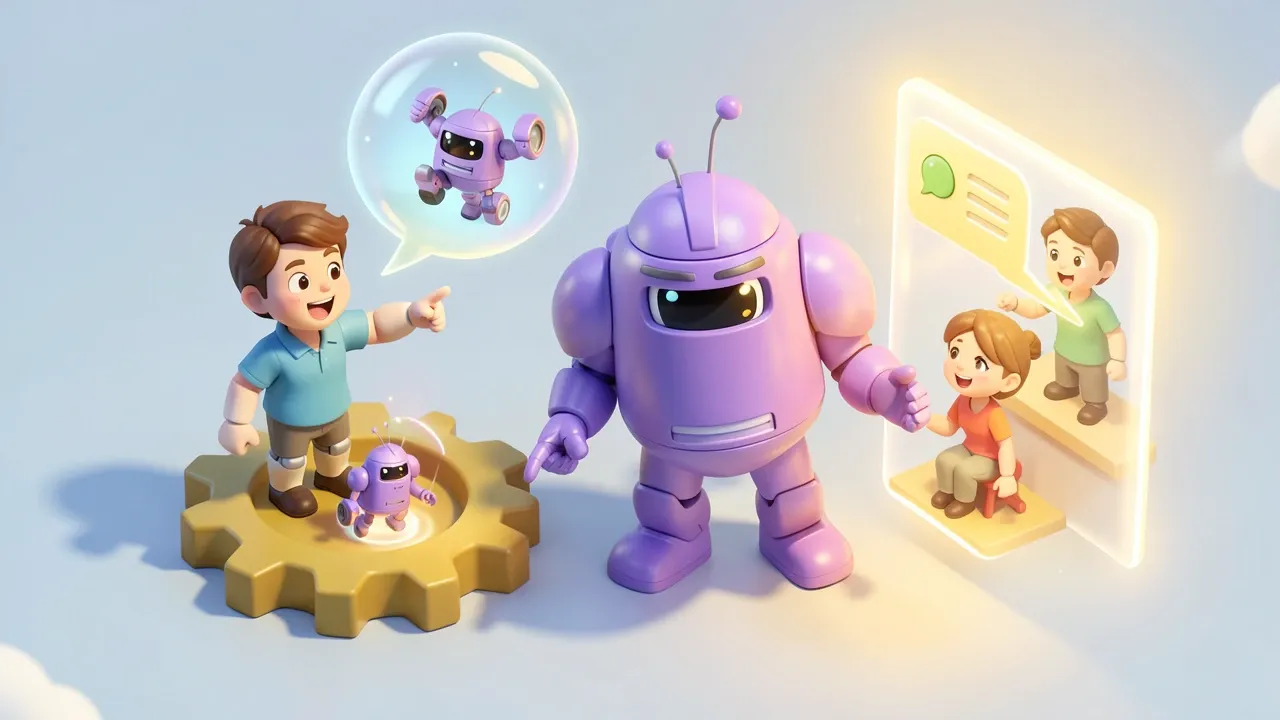 Isometric diorama of an excited person pointing at a small robot inside a gear, on the other side a large violet robot leading a fluid conversation with a customer in a chat bubble, soft golden light