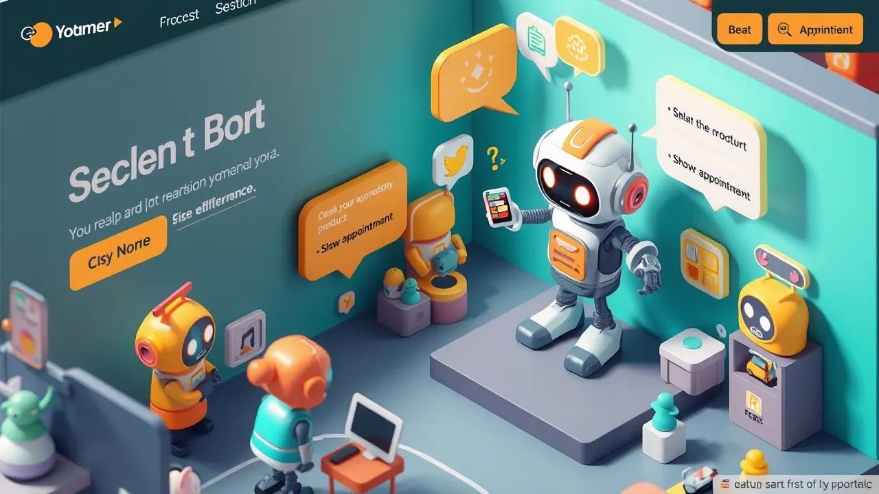 Isometric 3d mobile game art, a support robot in the corner of a website doing several things at once, answering a question, capturing a lead, showing a product, and booking an appointment, colorful bubbles around it, teal and amber palette