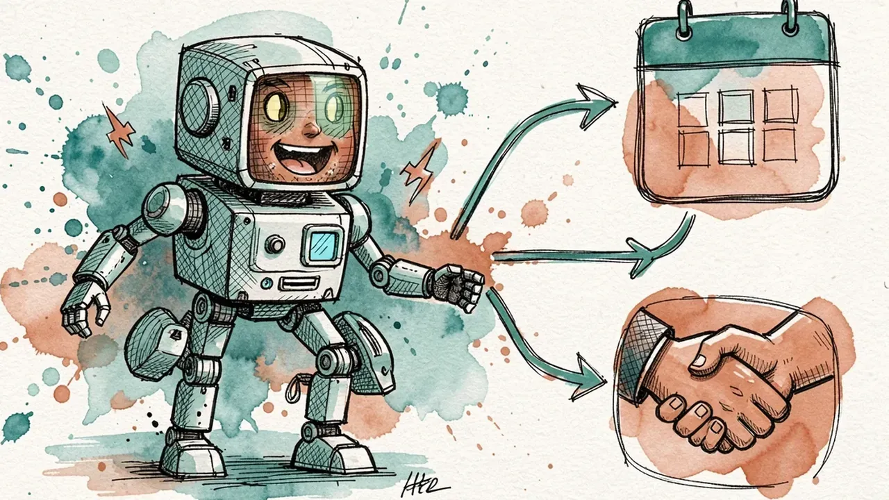Robot following a flowchart of arrows and chat bubbles, from a calendar icon to a handshake