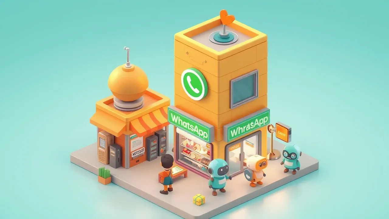 Isometric 3d miniature of a small shop growing into a busy building, the WhatsApp customer line getting too long for one person to handle, amber and teal palette