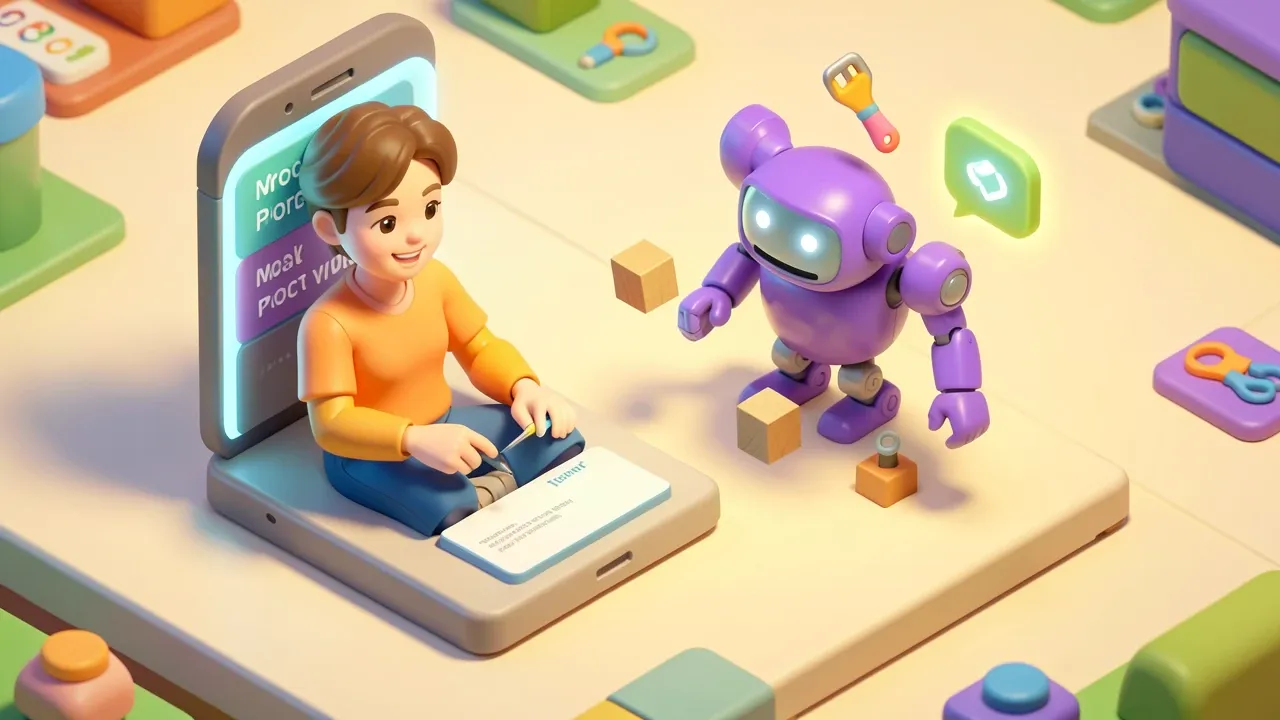 Isometric diorama of a person typing a short instruction into a chat panel while a purple robot automatically assembles an agent with prompt blocks, tools, and a channel, soft golden light