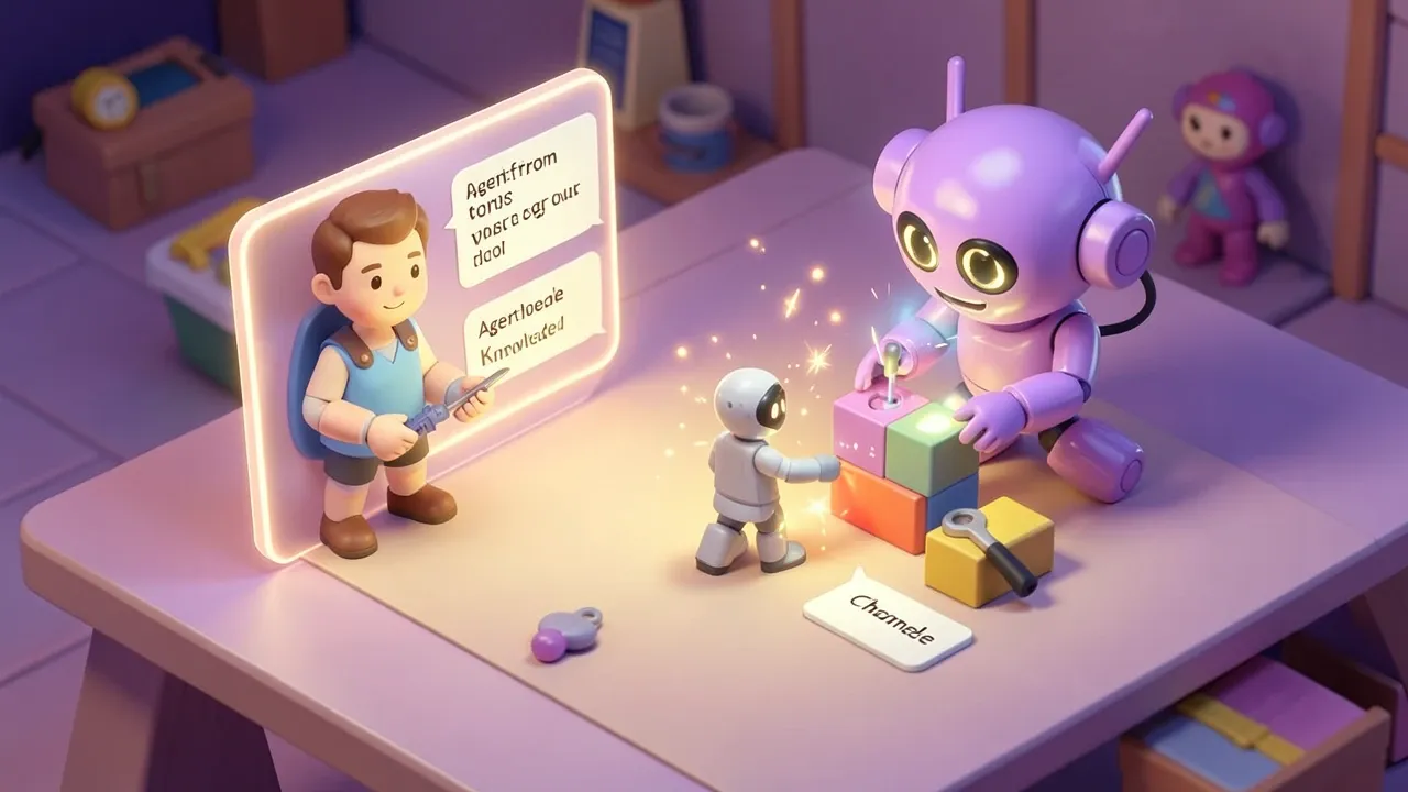 Isometric diorama of a relaxed person typing a short instruction into a glowing chat panel while a violet robot instantly assembles an agent from labeled blocks: prompt, tools, knowledge, channel, no code visible anywhere, soft golden light