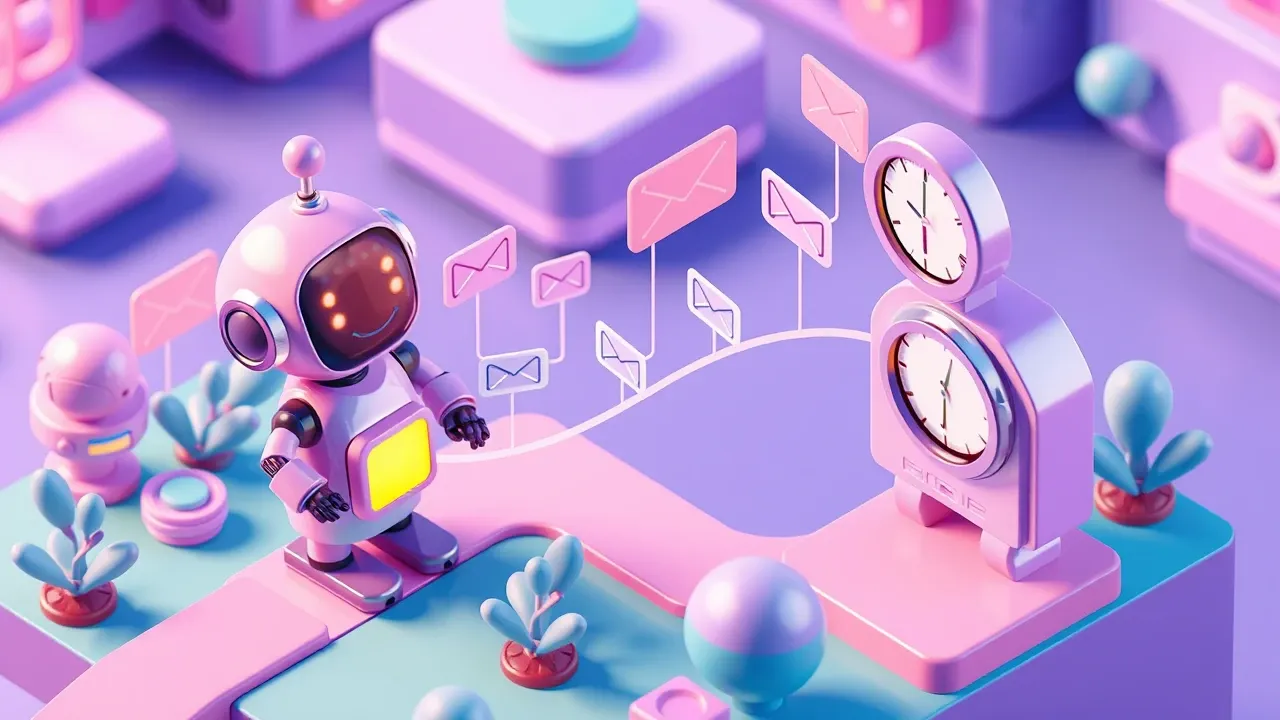 A friendly robot sending a sequence of messages through WhatsApp and email icons along a curved timeline, with a clock marking the right timing, violet and turquoise palette