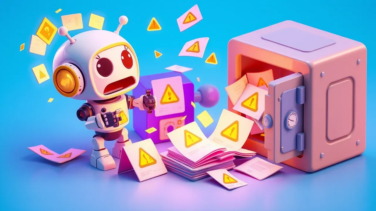 Isometric diorama of a robot talking loudly while papers with warning symbols fly around it, an open safe leaking glowing documents