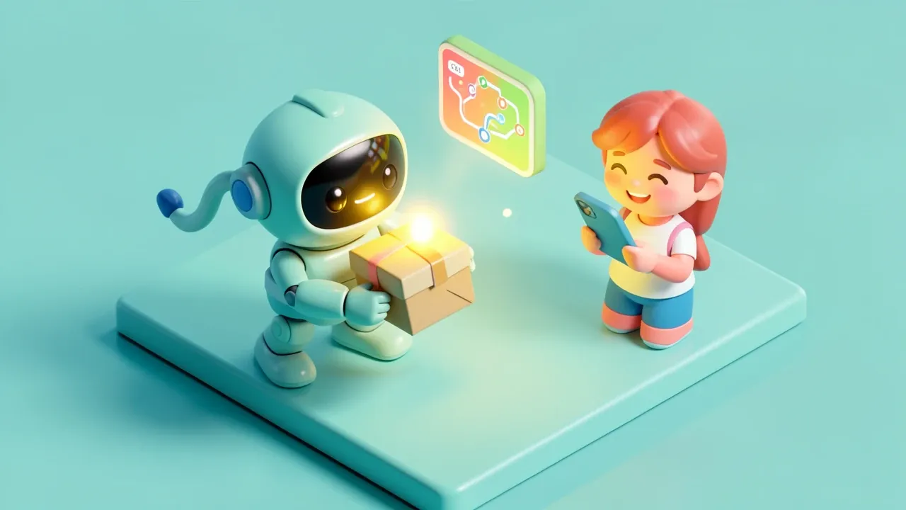 Isometric robot delivering a package with a small glowing route map floating beside it, a smiling person looking at their phone receiving the update, teal and coral palette