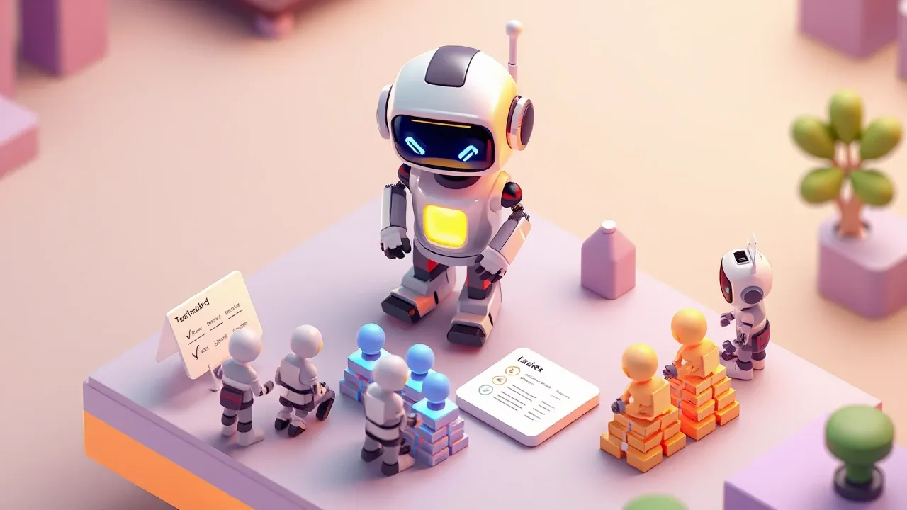 Isometric 3d mobile game art, a sales robot chatting with several customers and sorting them into piles by temperature, hot leads glowing gold and cold leads in blue, a qualification card floating beside it, violet and warm gold palette