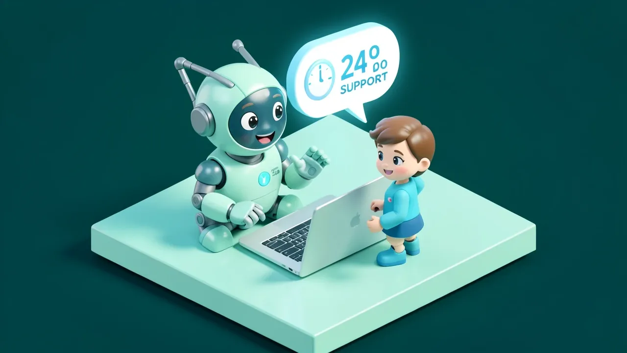 Isometric 3d assistant robot chatting with a client avatar through a floating chat bubble over a laptop, a clock showing 24-hour support, teal palette