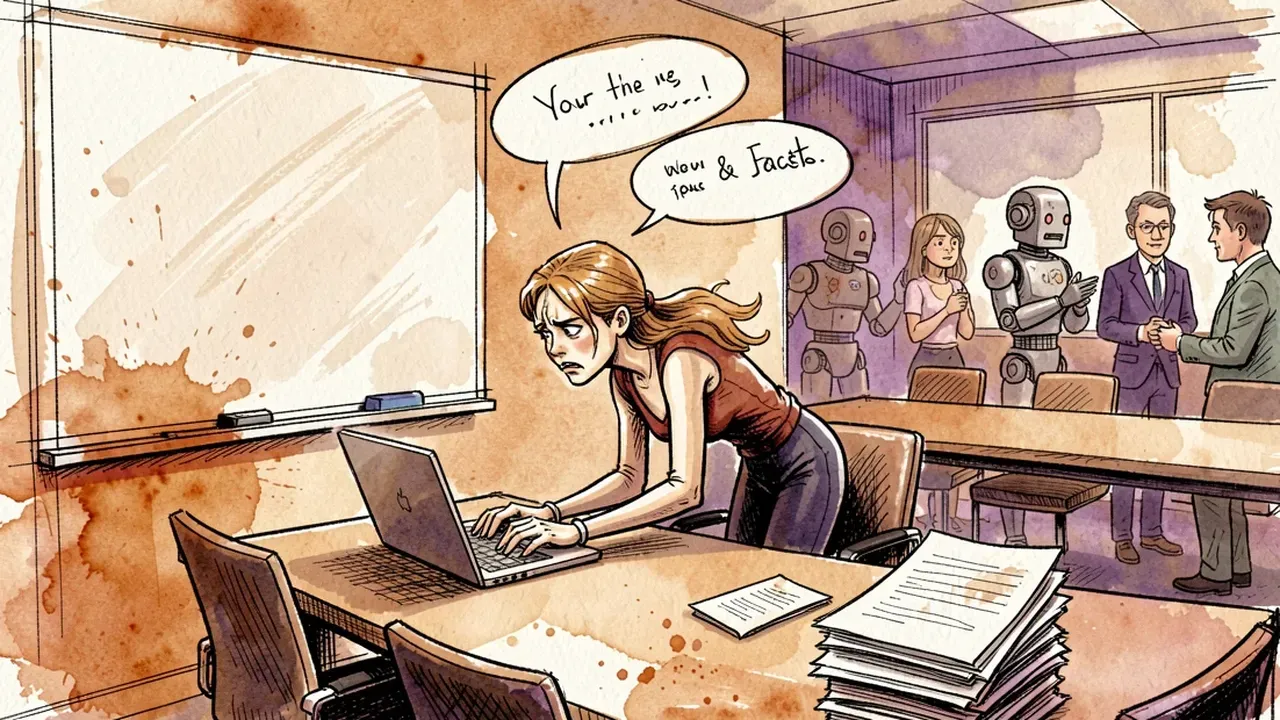 Woman in the corner of a meeting room trying to type on a laptop while looking at the whiteboard, speech bubbles flying over her head and a stack of papers sliding off the table