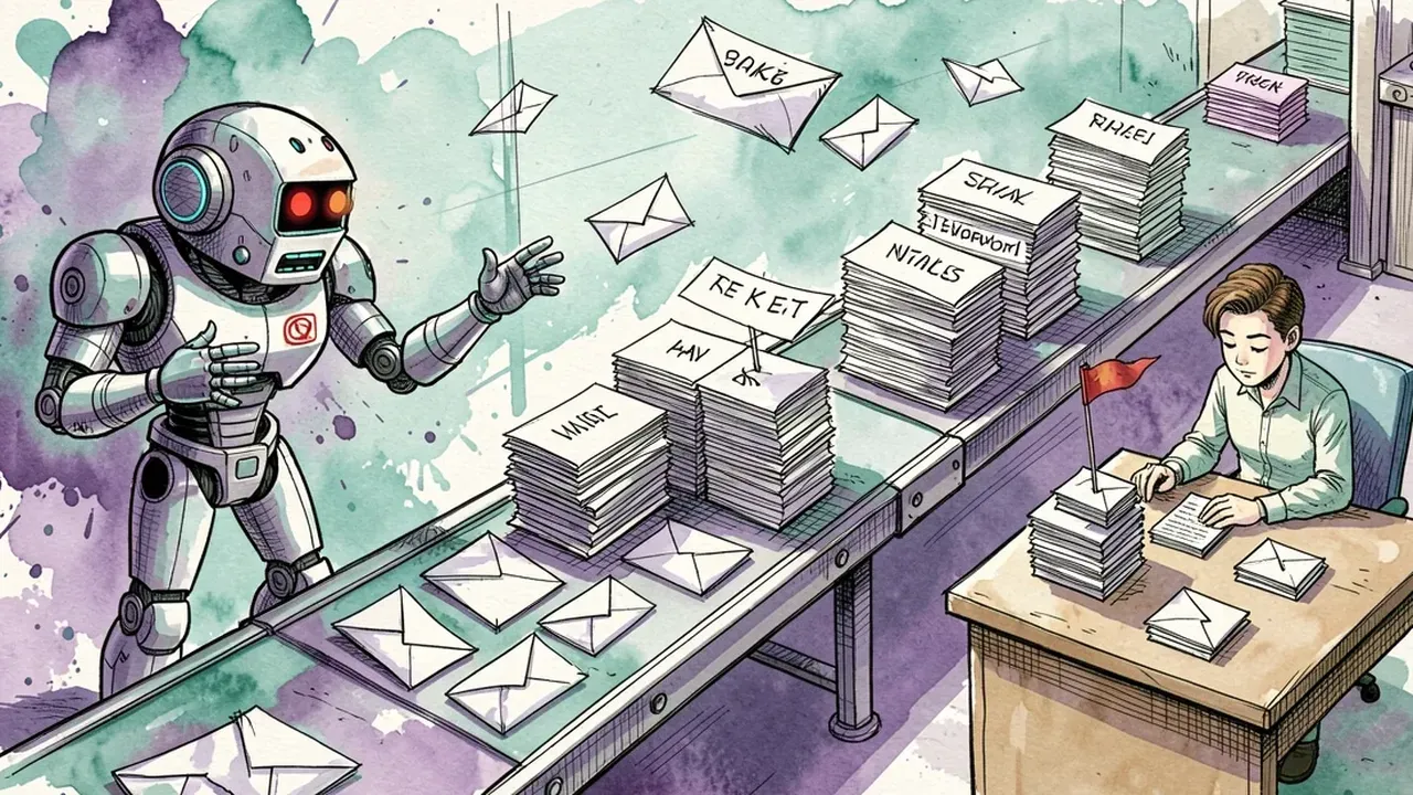 An AI robot agent reading incoming emails on a conveyor belt and sorting them into classified stacks, a human reviewing only the sensitive-case stack
