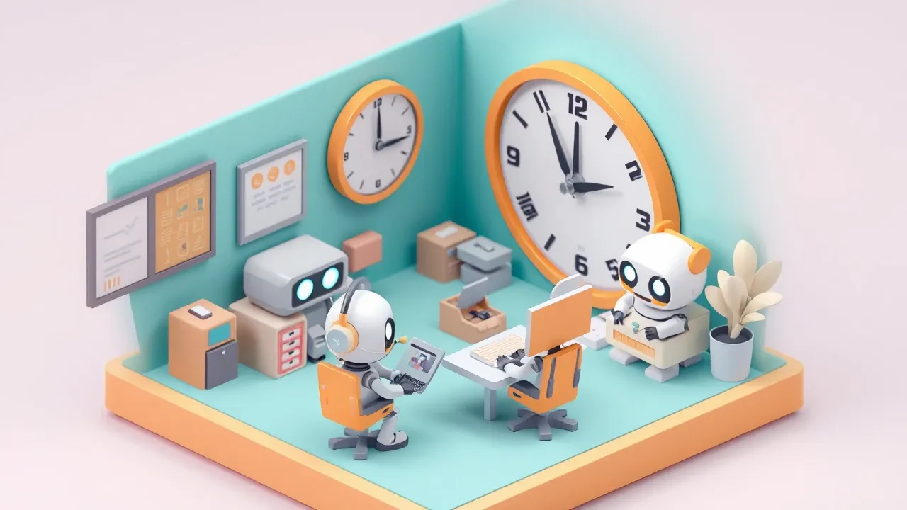 Isometric 3d miniature of a support center with robots answering frequent questions while humans handle the complex cases, a clock showing 24 hours behind them, teal and amber palette