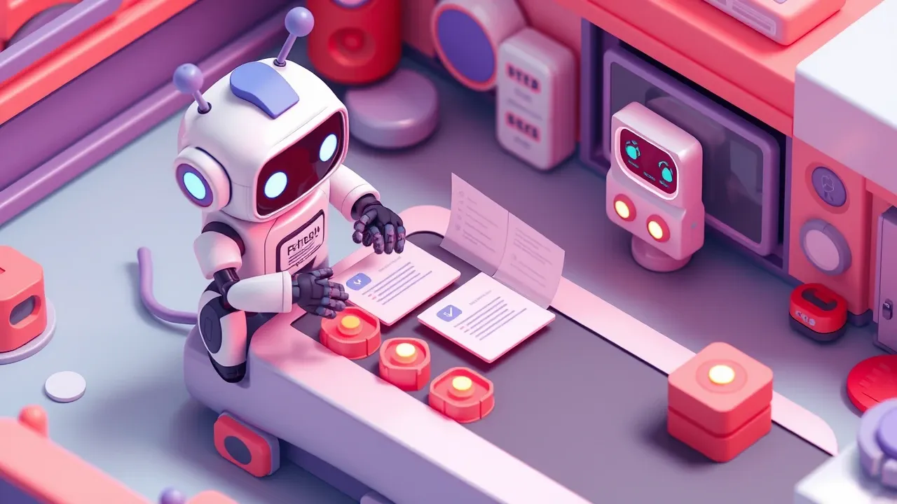 Isometric 3d mobile game art, support robot sorting messages on a conveyor belt, five alert lights flashing in different colors flagging cases that should go to a human agent nearby, indigo and coral-red palette with violet accents, vibrant render