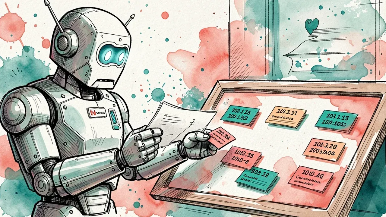A robot reading a contract and extracting small colorful cards with dates, values and clauses, arranging them on a board, ink and watercolor sketch, teal and coral tones