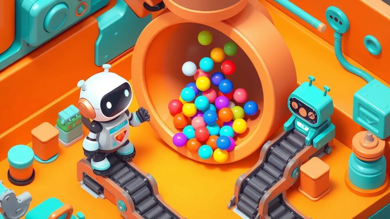 A robot at the mouth of a large funnel filtering colorful leads falling through, sorting hot from cold onto two conveyor belts, orange and turquoise palette