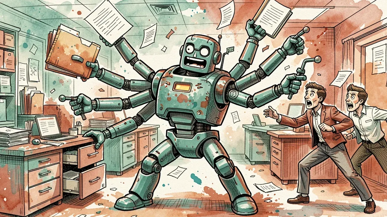 An overeager robot agent with several extra arms pulling drawers, folders and levers at once in an office, papers flying, while two employees rush to hold it back