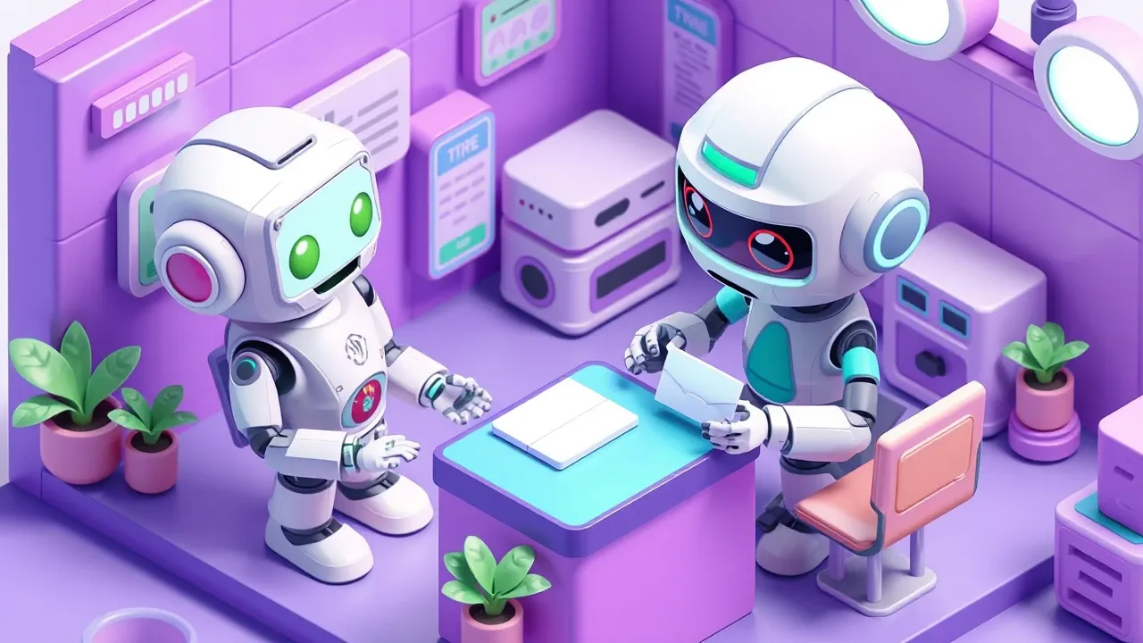 Friendly robot serving an employee at a counter, answering most questions instantly and handing an envelope to a human analyst for special cases, violet and green palette