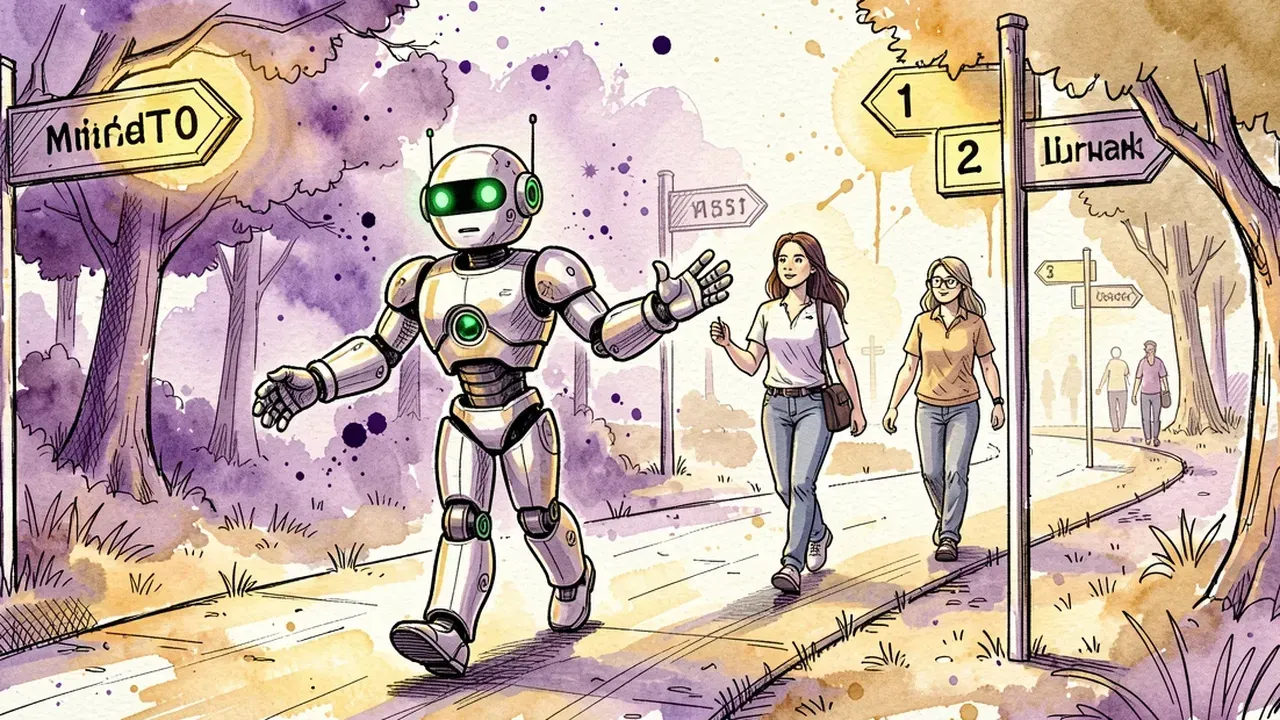 Robot agent walking beside a new customer along a path with glowing numbered signposts, watercolor illustration