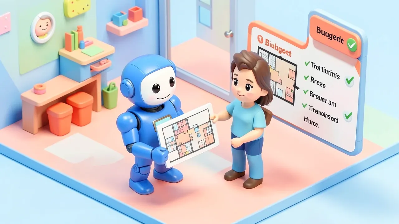 Polite robot interviewing a client holding an apartment floor plan, a floating form marking budget area and timeline, petrol blue and coral palette