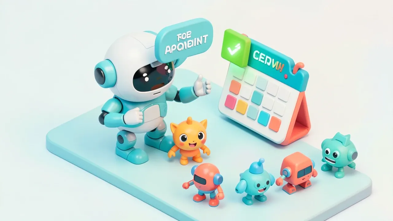 Isometric 3d assistant robot confirming an appointment via a WhatsApp-style message, a calendar with a green confirmed flag, turquoise and coral palette