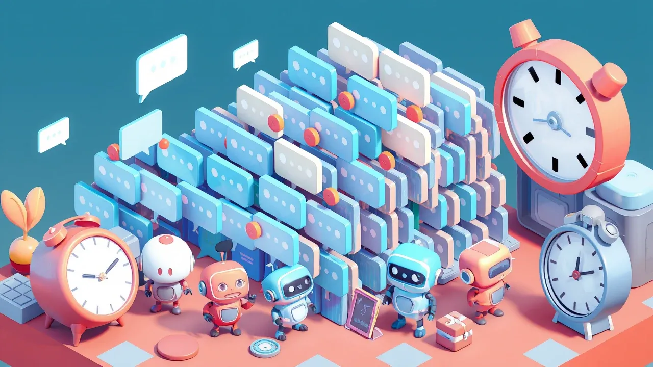Isometric 3d mobile game art, a giant queue of message bubbles piling up while a few tired human agents try to keep up, some bubbles cooling off and turning gray, a clock showing hours passing, coral and gray palette with tension
