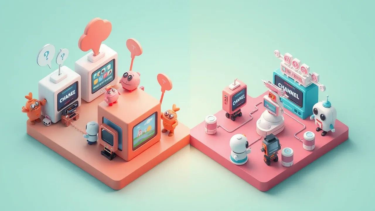 Isometric 3d mobile game art, split into two sides, on the left four isolated disconnected channel boxes with confused customers, on the right the same channels linked by a single thread to an organized central hub, clear contrast between chaos and order, coral palette on one side and teal on the other