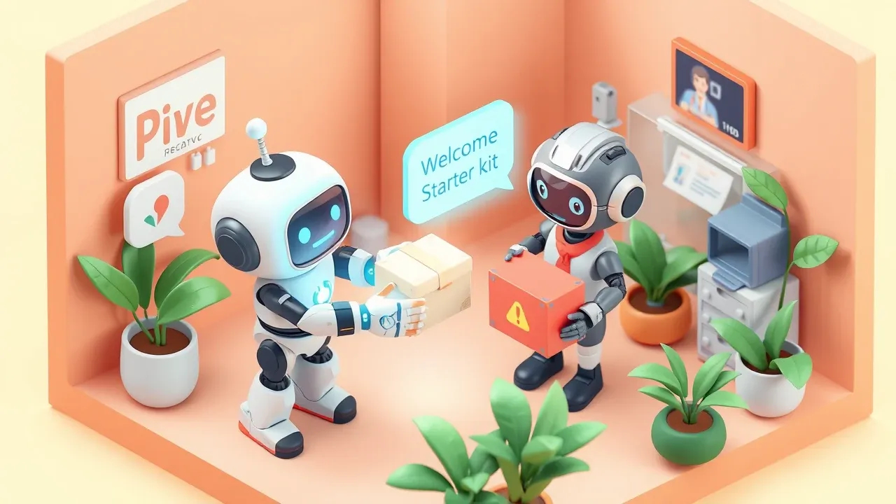 A smiling welcome robot handing a starter kit to a new employee, with speech bubbles floating around, warm and welcoming tones