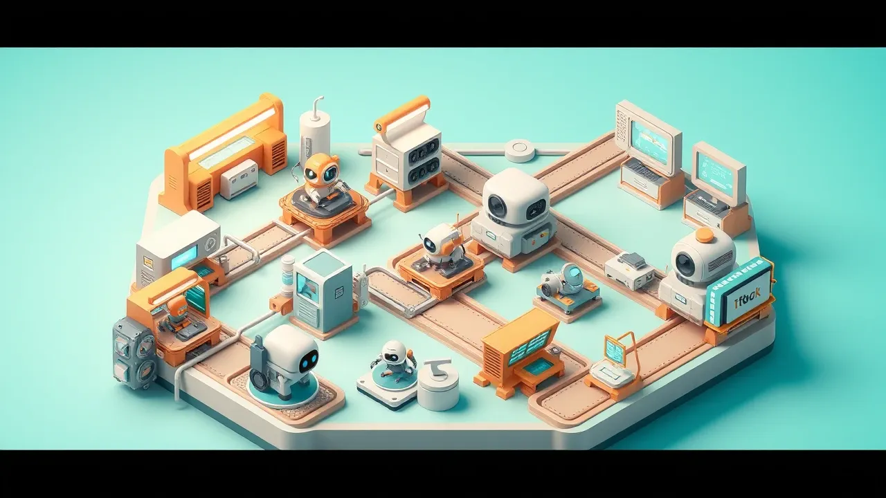 Isometric 3d nine small workstations in a grid, each with a robot completing a different workflow, conveyor belts connecting everything, amber and turquoise palette