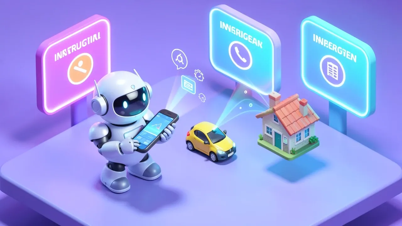 Isometric diorama of an agent robot collecting data from a miniature car and house via smartphone and sending it to three carrier portals, violet and cyan palette